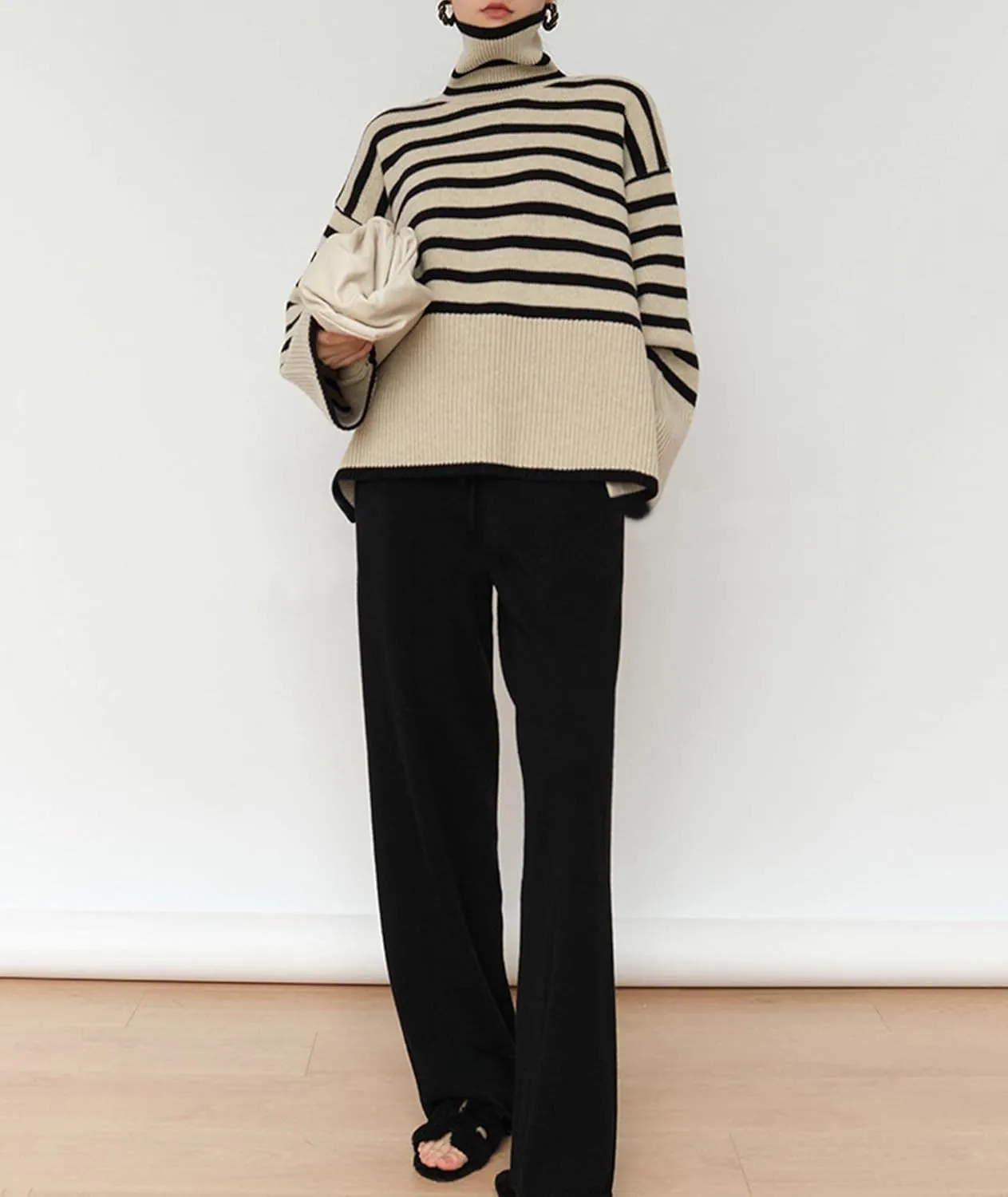 SEMATOMALA Women's Turtleneck Striped Oversized Sweater Color Block Side Split Slouchy Knitted Y2K Pullover Jumper Tops