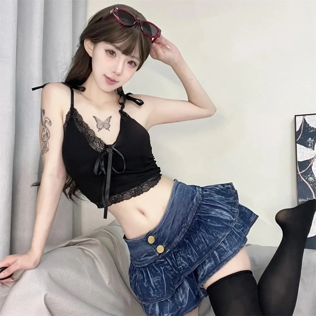 Sexy Denim Y2k Skirt Mini Pleated Skirt for Women