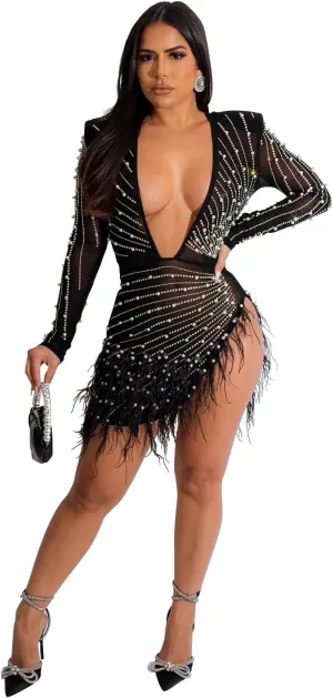 Sexy Dress for Women Party Club Night Elegant Feather Long Sleeve Mesh Sparkly Rhinestone Beads Mini Bodycon Vestidos