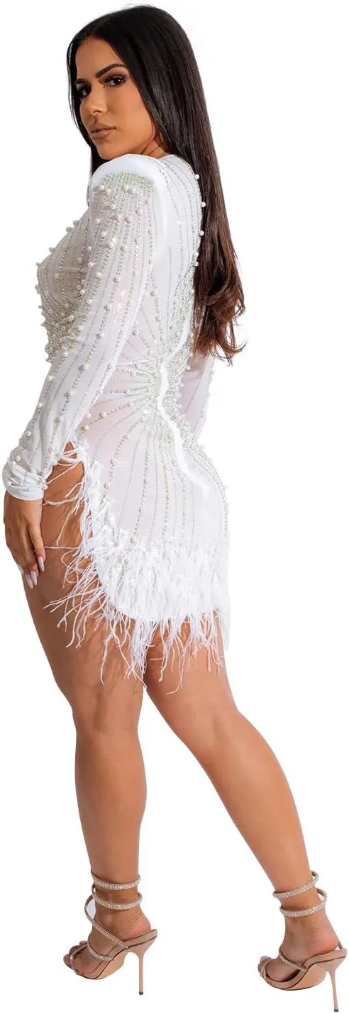 Sexy Dress for Women Party Club Night Elegant Feather Long Sleeve Mesh Sparkly Rhinestone Beads Mini Bodycon Vestidos