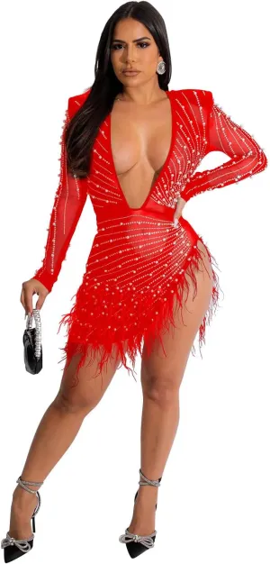 Sexy Dress for Women Party Club Night Elegant Feather Long Sleeve Mesh Sparkly Rhinestone Beads Mini Bodycon Vestidos