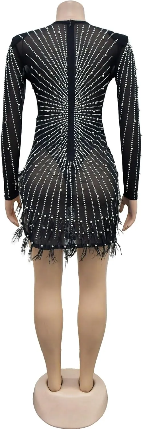 Sexy Dress for Women Party Club Night Elegant Feather Long Sleeve Mesh Sparkly Rhinestone Beads Mini Bodycon Vestidos