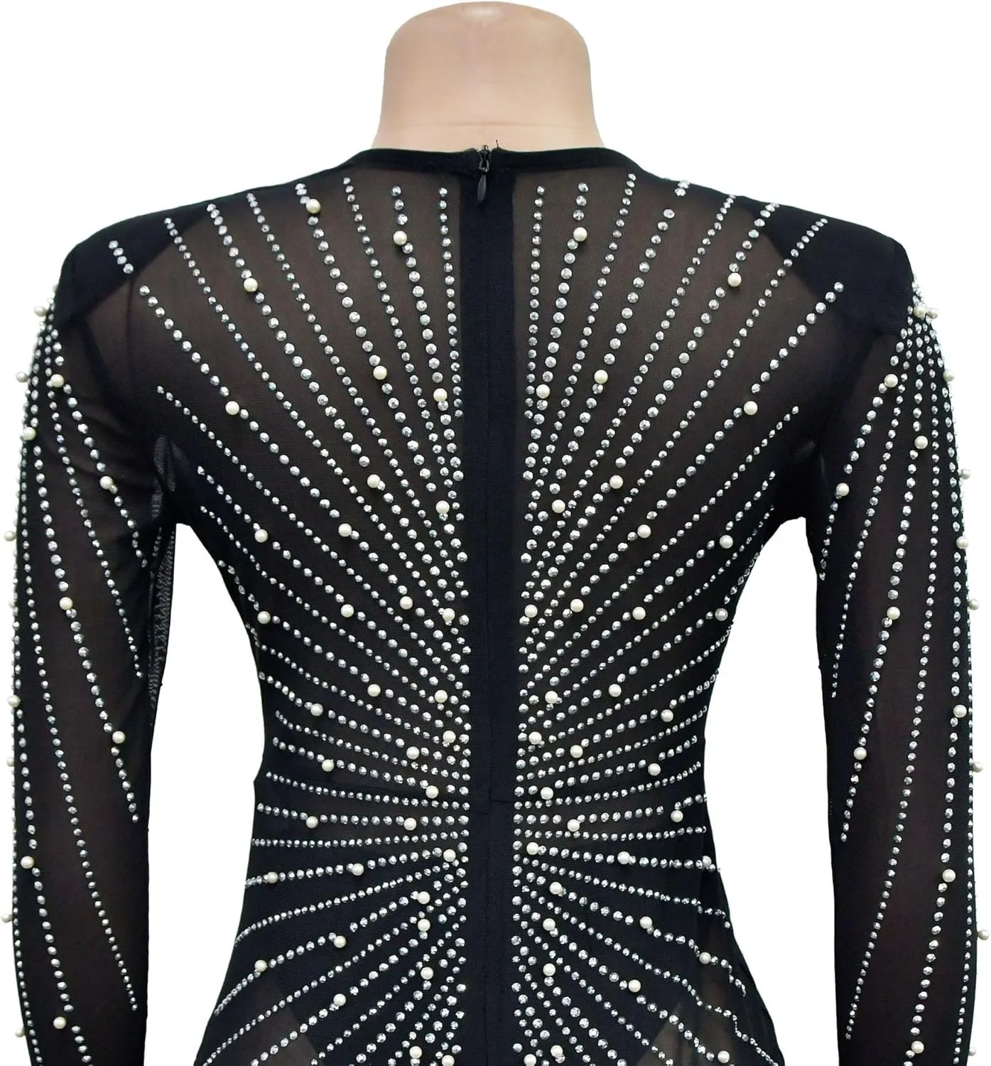 Sexy Dress for Women Party Club Night Elegant Feather Long Sleeve Mesh Sparkly Rhinestone Beads Mini Bodycon Vestidos