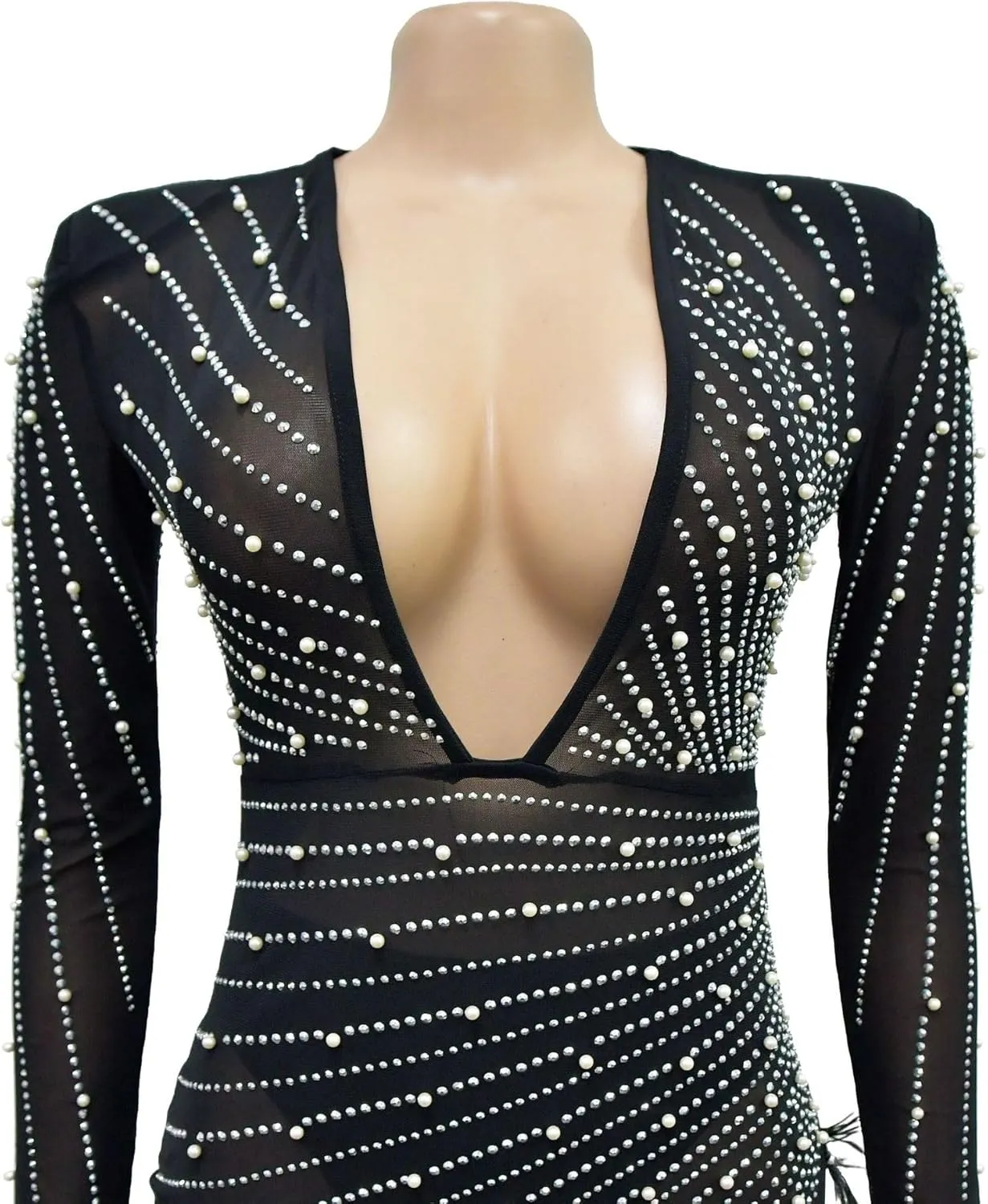 Sexy Dress for Women Party Club Night Elegant Feather Long Sleeve Mesh Sparkly Rhinestone Beads Mini Bodycon Vestidos