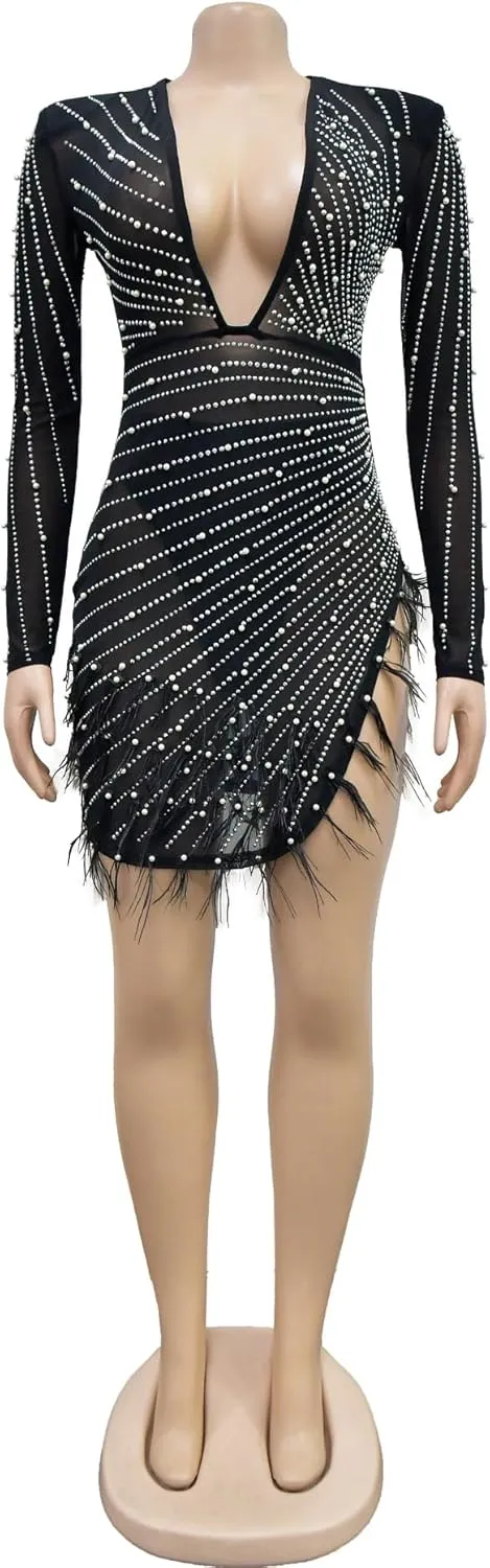 Sexy Dress for Women Party Club Night Elegant Feather Long Sleeve Mesh Sparkly Rhinestone Beads Mini Bodycon Vestidos