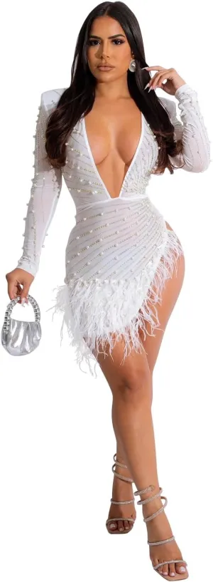 Sexy Dress for Women Party Club Night Elegant Feather Long Sleeve Mesh Sparkly Rhinestone Beads Mini Bodycon Vestidos