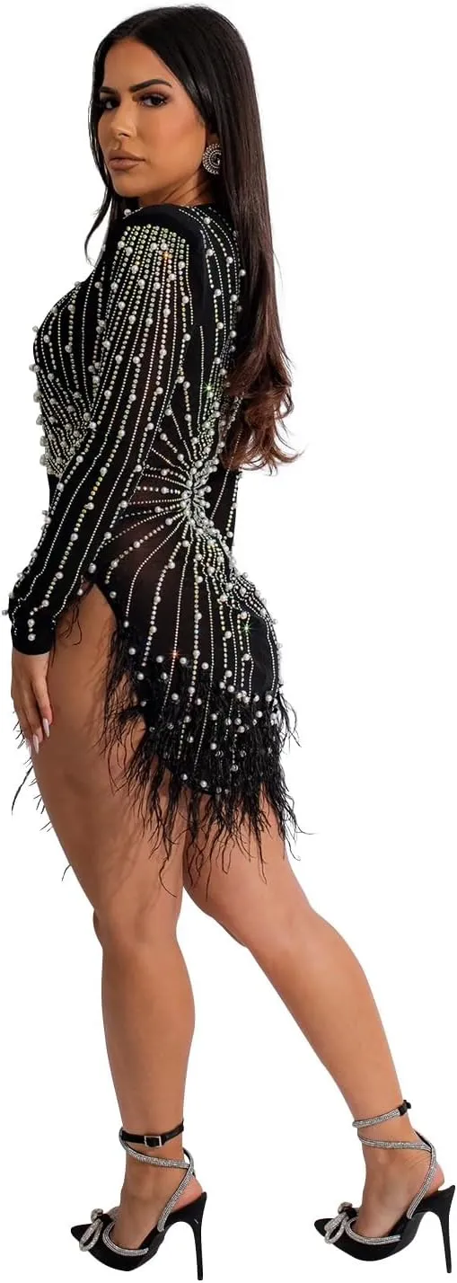 Sexy Dress for Women Party Club Night Elegant Feather Long Sleeve Mesh Sparkly Rhinestone Beads Mini Bodycon Vestidos