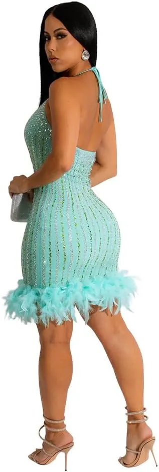Sexy Dress for Women Party Club Night Elegant Spaghetti Straps Feather Detailed Hem Sparkly Rinestone Bodycon Midi Vestidos
