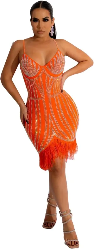 Sexy Dress for Women Party Club Night Elegant Spaghetti Straps Feather Detailed Hem Sparkly Rinestone Bodycon Midi Vestidos