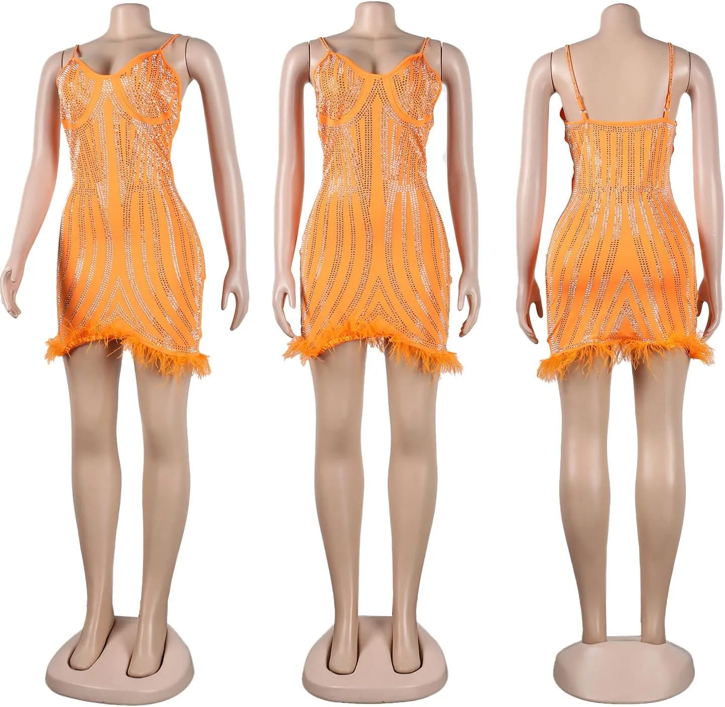 Sexy Dress for Women Party Club Night Elegant Spaghetti Straps Feather Detailed Hem Sparkly Rinestone Bodycon Midi Vestidos