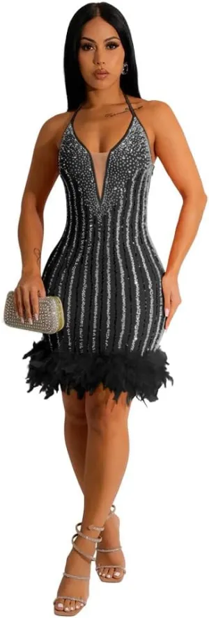Sexy Dress for Women Party Club Night Elegant Spaghetti Straps Feather Detailed Hem Sparkly Rinestone Bodycon Midi Vestidos