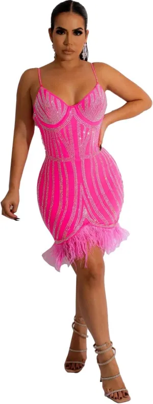 Sexy Dress for Women Party Club Night Elegant Spaghetti Straps Feather Detailed Hem Sparkly Rinestone Bodycon Midi Vestidos