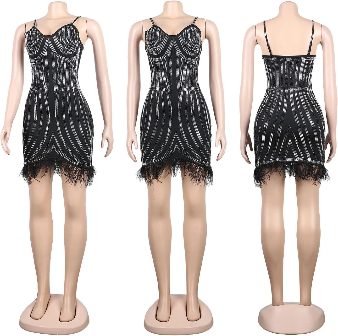 Sexy Dress for Women Party Club Night Elegant Spaghetti Straps Feather Detailed Hem Sparkly Rinestone Bodycon Midi Vestidos