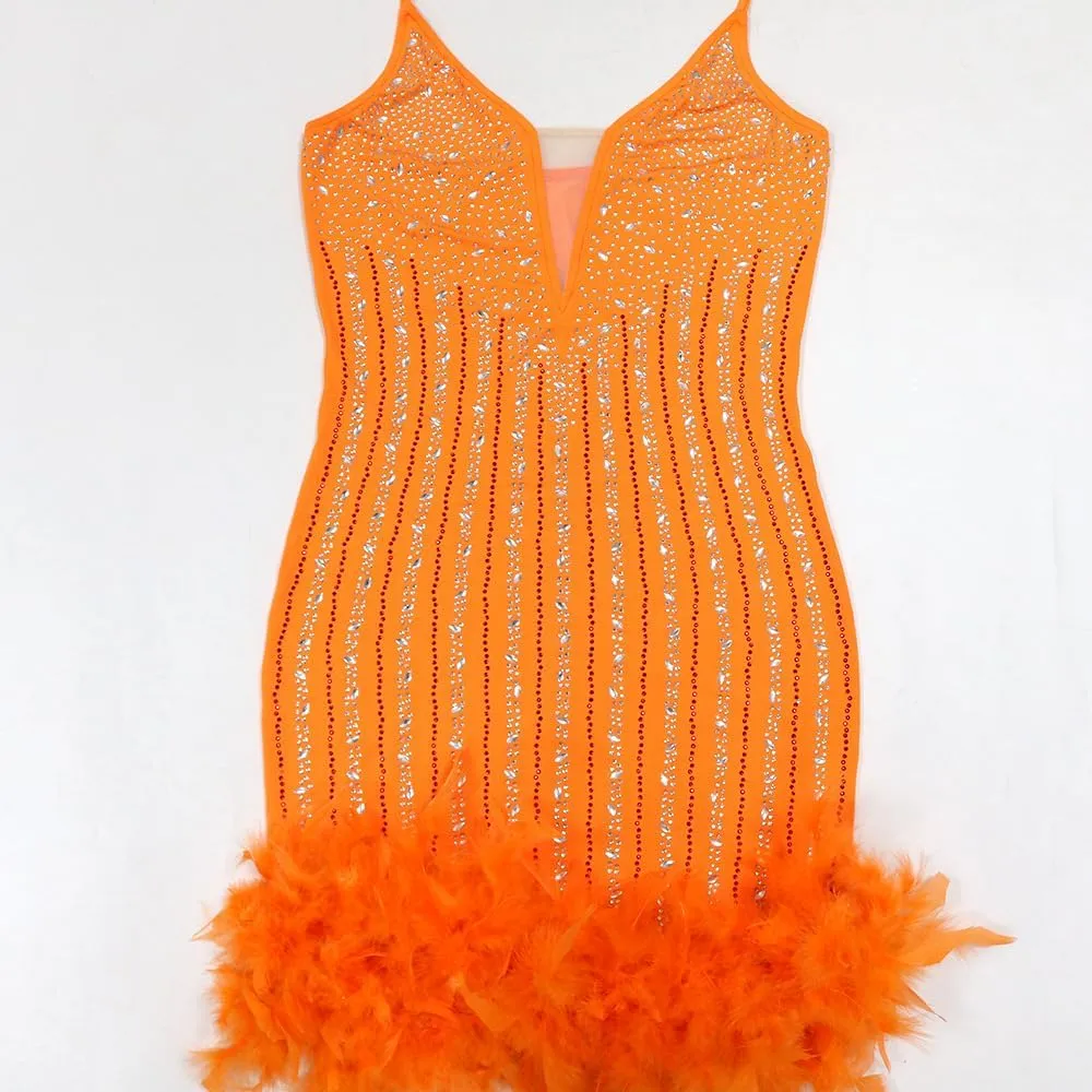 Sexy Dress for Women Party Club Night Elegant Spaghetti Straps Feather Detailed Hem Sparkly Rinestone Bodycon Midi Vestidos