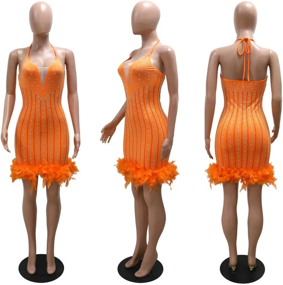 Sexy Dress for Women Party Club Night Elegant Spaghetti Straps Feather Detailed Hem Sparkly Rinestone Bodycon Midi Vestidos