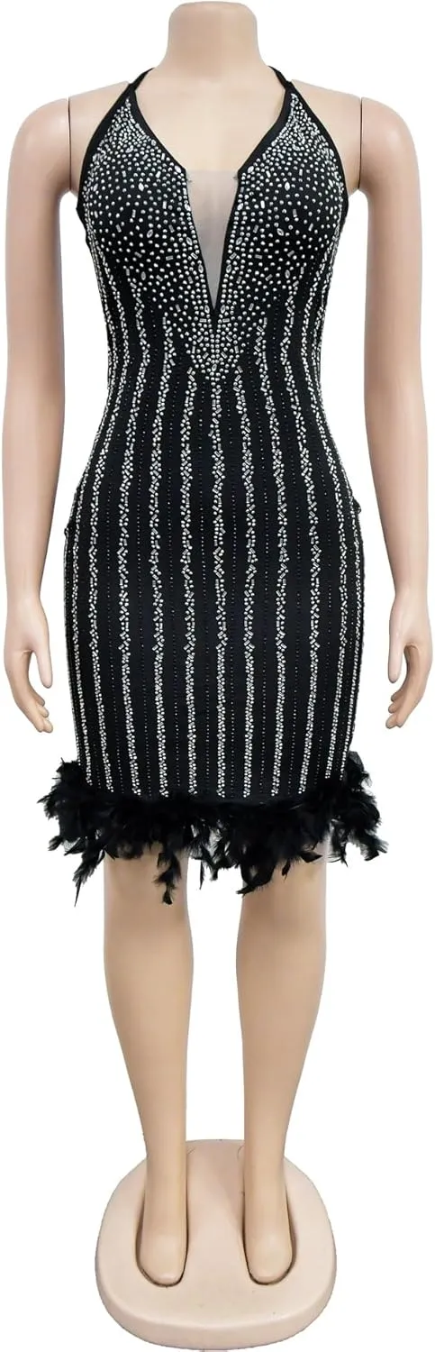 Sexy Dress for Women Party Club Night Elegant Spaghetti Straps Feather Detailed Hem Sparkly Rinestone Bodycon Midi Vestidos