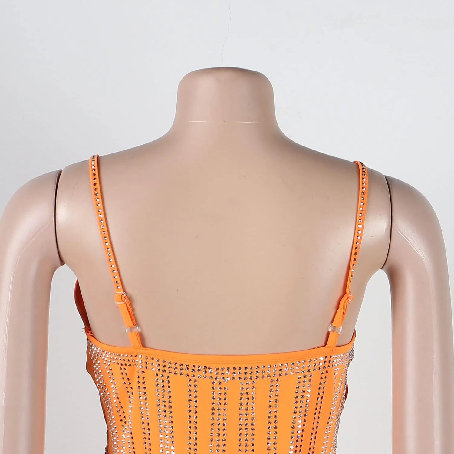 Sexy Dress for Women Party Club Night Elegant Spaghetti Straps Feather Detailed Hem Sparkly Rinestone Bodycon Midi Vestidos