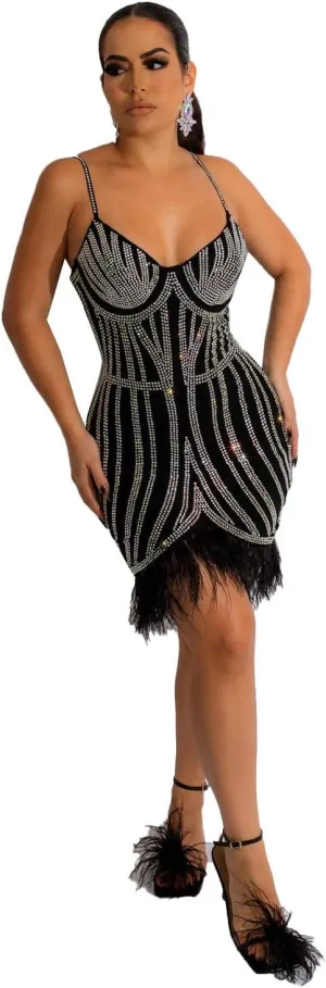 Sexy Dress for Women Party Club Night Elegant Spaghetti Straps Feather Detailed Hem Sparkly Rinestone Bodycon Midi Vestidos