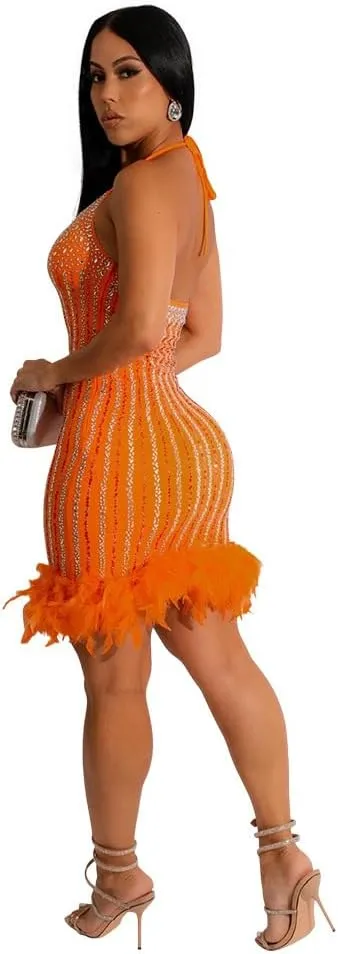 Sexy Dress for Women Party Club Night Elegant Spaghetti Straps Feather Detailed Hem Sparkly Rinestone Bodycon Midi Vestidos