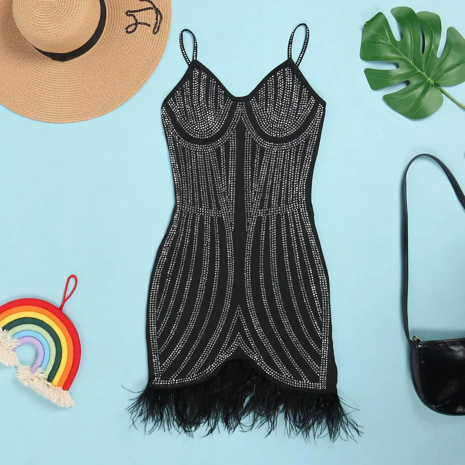 Sexy Dress for Women Party Club Night Elegant Spaghetti Straps Feather Detailed Hem Sparkly Rinestone Bodycon Midi Vestidos
