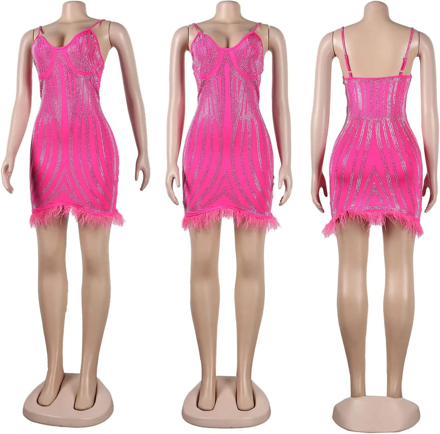 Sexy Dress for Women Party Club Night Elegant Spaghetti Straps Feather Detailed Hem Sparkly Rinestone Bodycon Midi Vestidos