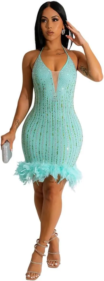 Sexy Dress for Women Party Club Night Elegant Spaghetti Straps Feather Detailed Hem Sparkly Rinestone Bodycon Midi Vestidos