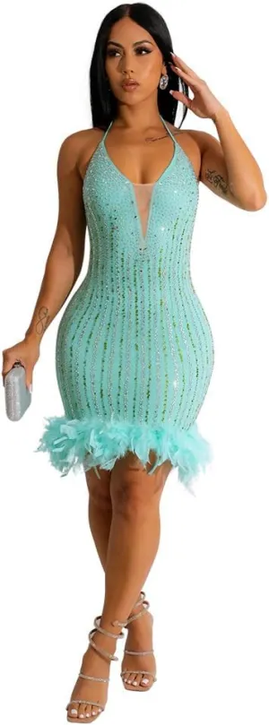 Sexy Dress for Women Party Club Night Elegant Spaghetti Straps Feather Detailed Hem Sparkly Rinestone Bodycon Midi Vestidos