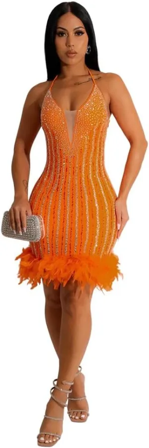 Sexy Dress for Women Party Club Night Elegant Spaghetti Straps Feather Detailed Hem Sparkly Rinestone Bodycon Midi Vestidos