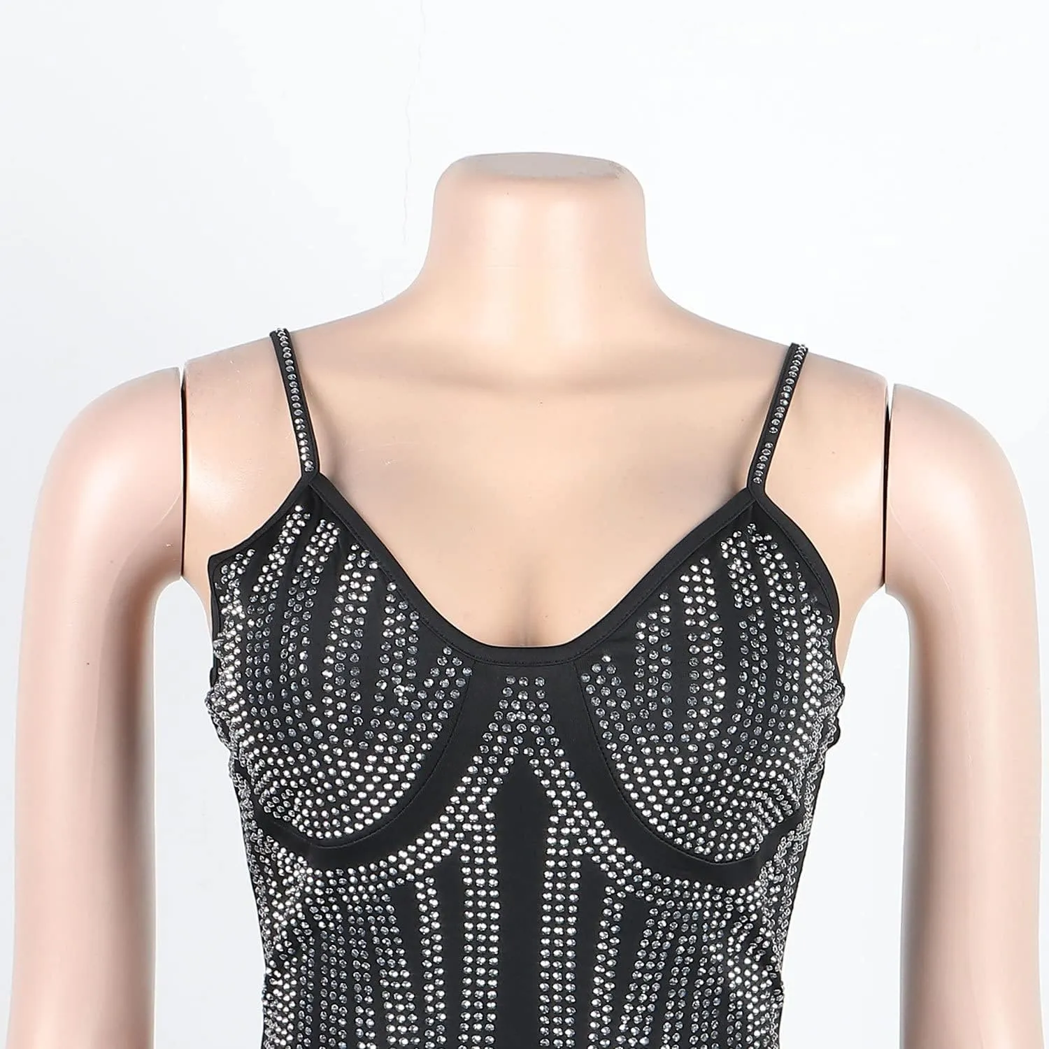 Sexy Dress for Women Party Club Night Elegant Spaghetti Straps Feather Detailed Hem Sparkly Rinestone Bodycon Midi Vestidos