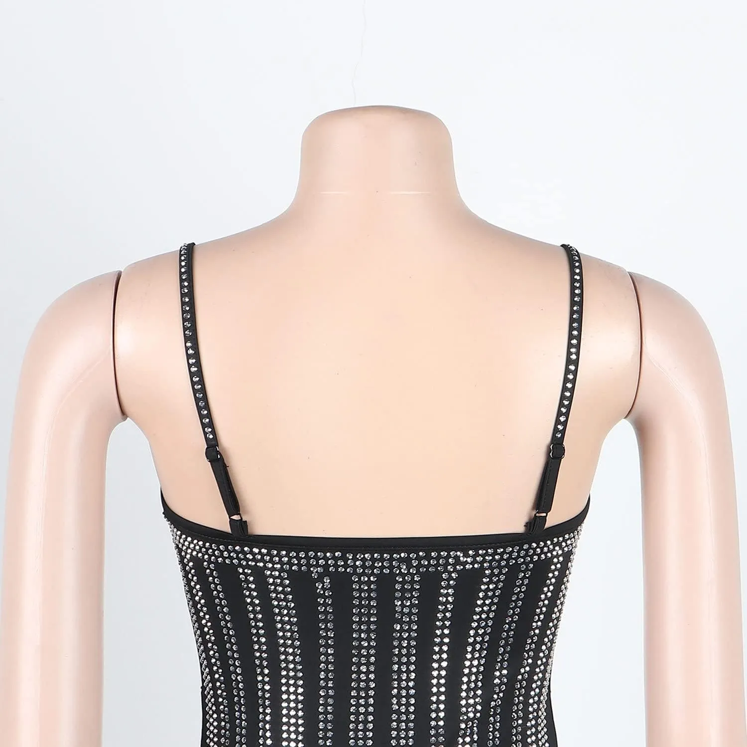 Sexy Dress for Women Party Club Night Elegant Spaghetti Straps Feather Detailed Hem Sparkly Rinestone Bodycon Midi Vestidos