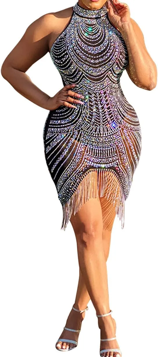 Sexy Dress for Women Party Club Night Stretchy Sheer Mesh Sparkly Rhinestone Mini Bodycon Vesitdos