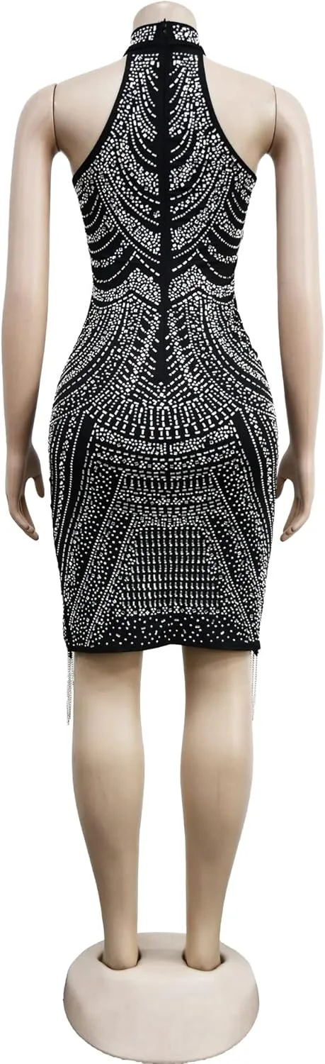 Sexy Dress for Women Party Club Night Stretchy Sheer Mesh Sparkly Rhinestone Mini Bodycon Vesitdos