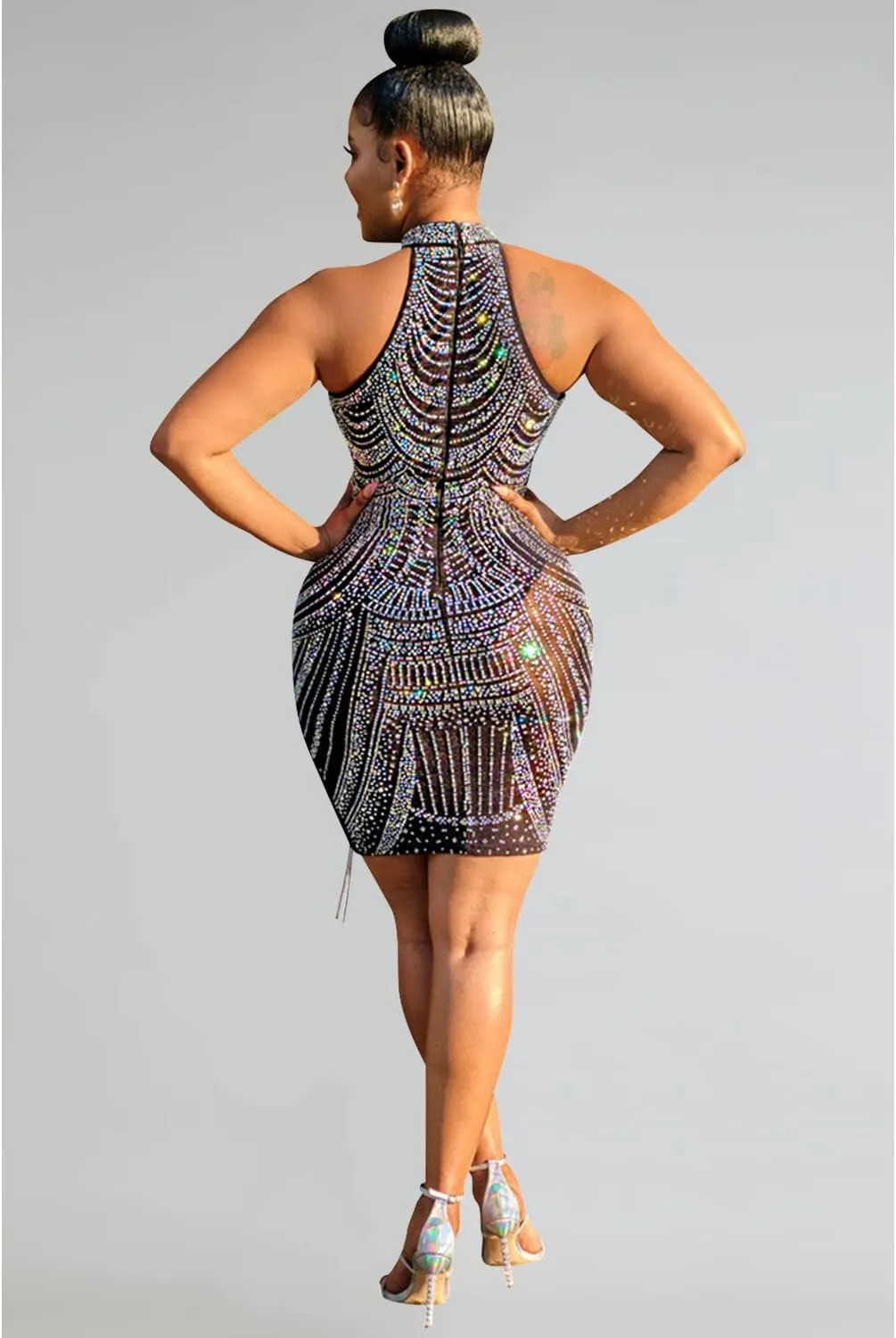 Sexy Dress for Women Party Club Night Stretchy Sheer Mesh Sparkly Rhinestone Mini Bodycon Vesitdos