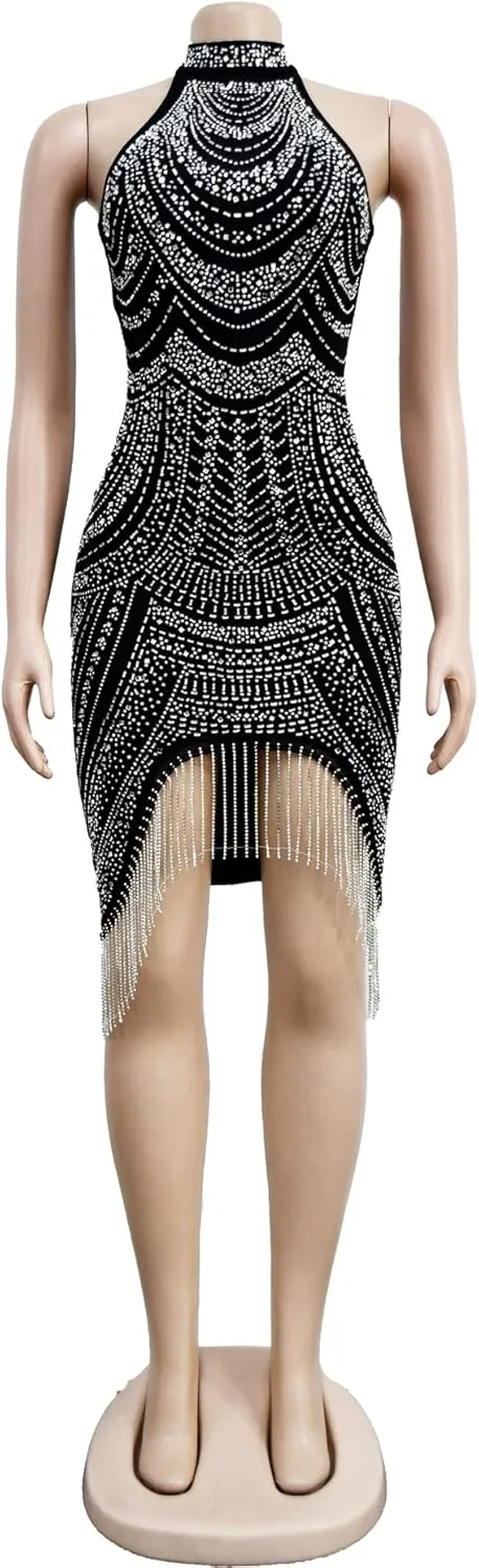 Sexy Dress for Women Party Club Night Stretchy Sheer Mesh Sparkly Rhinestone Mini Bodycon Vesitdos