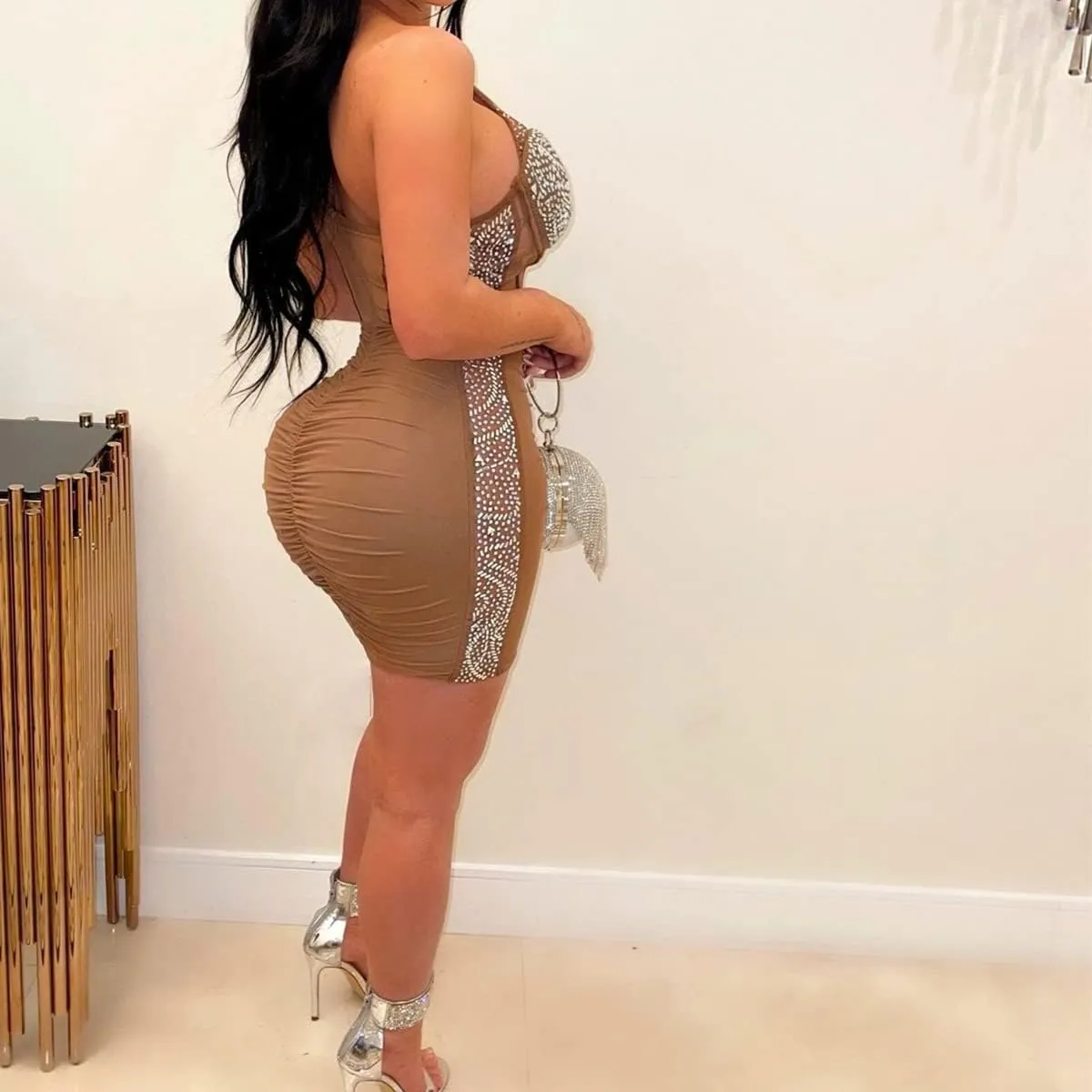Sexy Dresses for Women Party Club Night Elegant Long Sleeve Feather Detailed Sheer Mesh Mini Vestidos