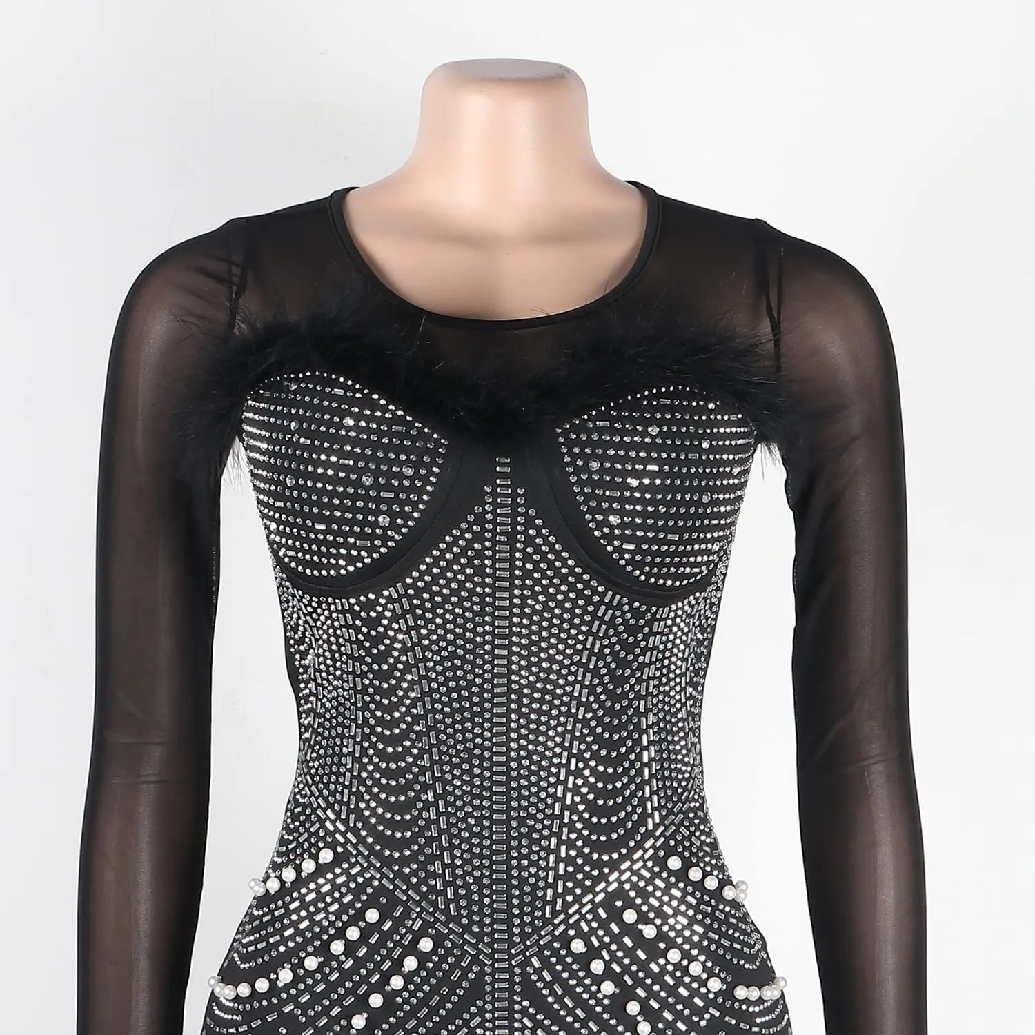 Sexy Dresses for Women Party Club Night Elegant Long Sleeve Feather Detailed Sheer Mesh Mini Vestidos