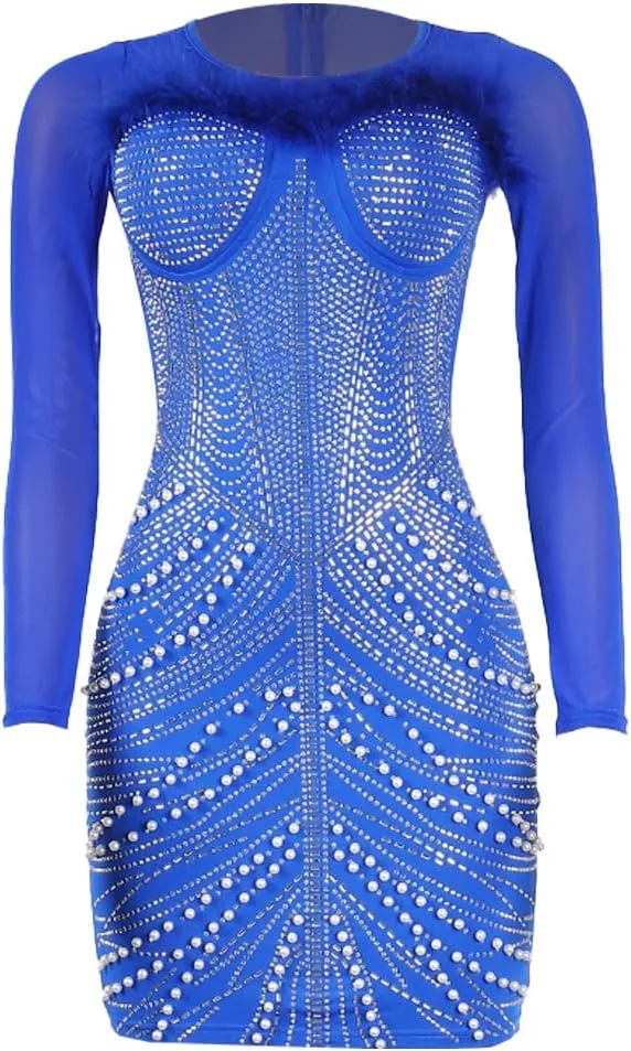 Sexy Dresses for Women Party Club Night Elegant Long Sleeve Feather Detailed Sheer Mesh Mini Vestidos