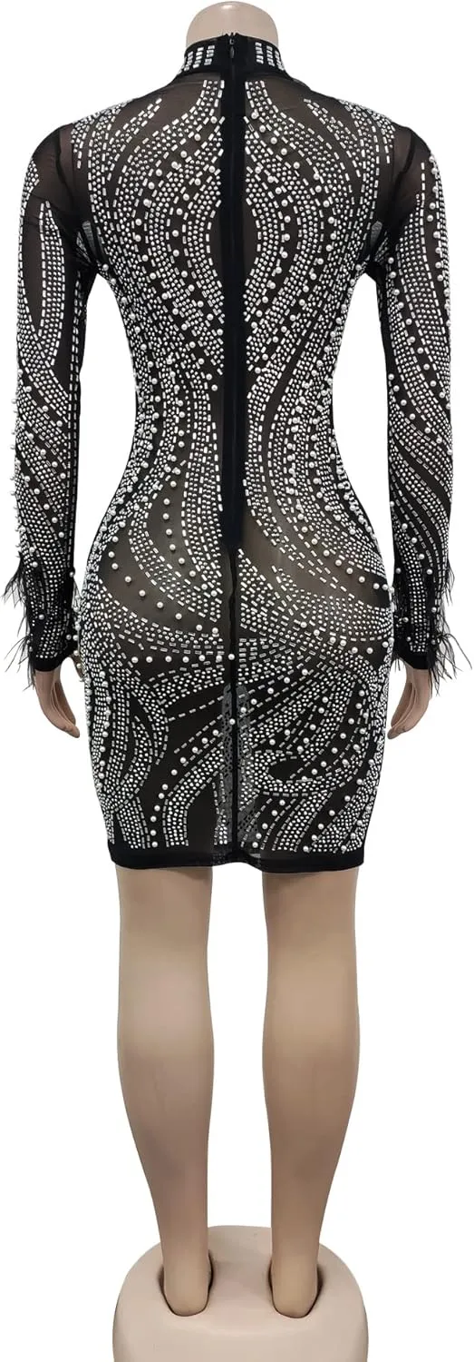 Sexy Dresses for Women Party Club Night Elegant Long Sleeve Feather Detailed Sheer Mesh Mini Vestidos