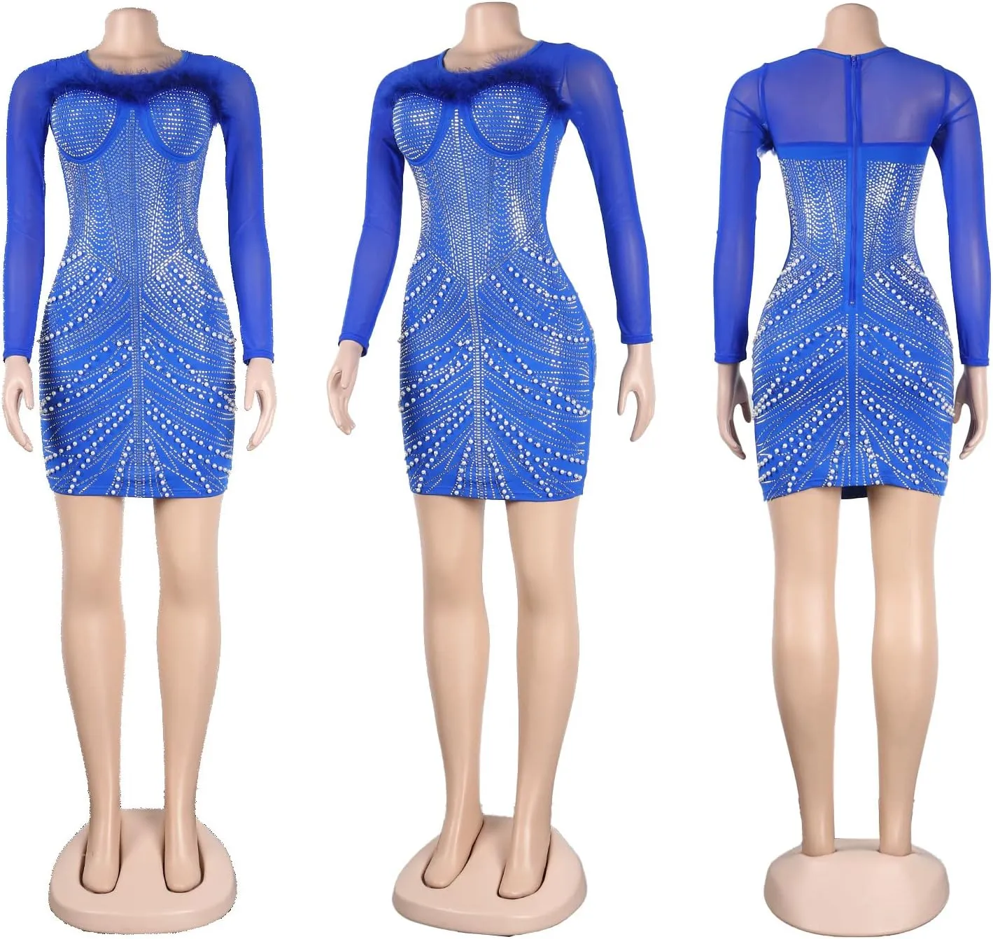 Sexy Dresses for Women Party Club Night Elegant Long Sleeve Feather Detailed Sheer Mesh Mini Vestidos