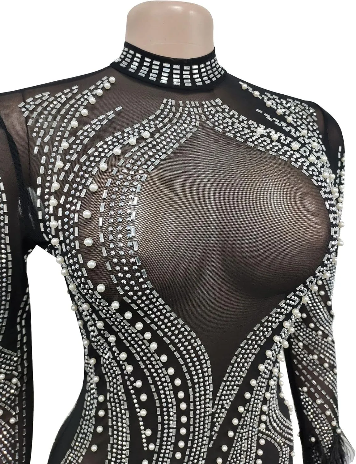 Sexy Dresses for Women Party Club Night Elegant Long Sleeve Feather Detailed Sheer Mesh Mini Vestidos