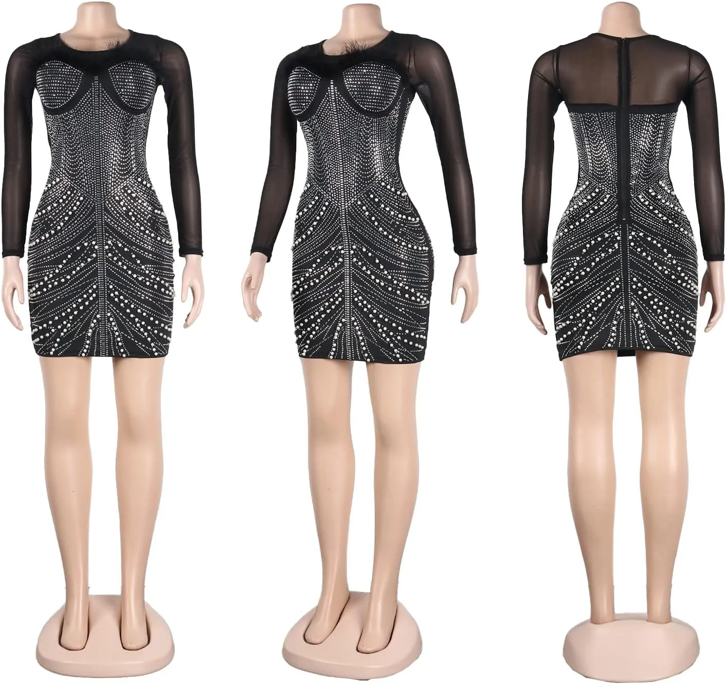 Sexy Dresses for Women Party Club Night Elegant Long Sleeve Feather Detailed Sheer Mesh Mini Vestidos
