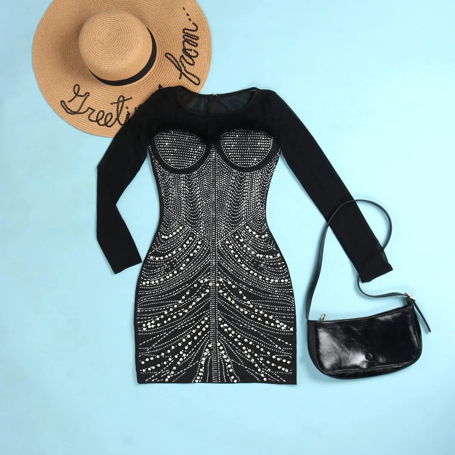 Sexy Dresses for Women Party Club Night Elegant Long Sleeve Feather Detailed Sheer Mesh Mini Vestidos