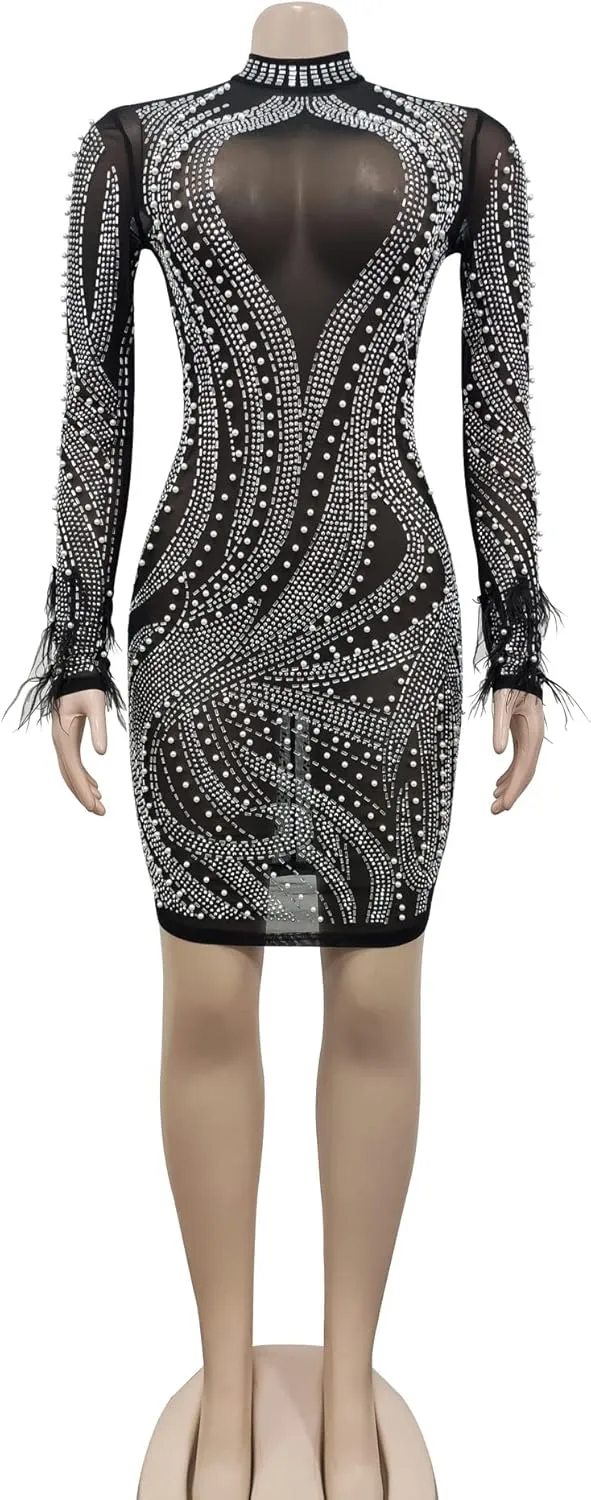 Sexy Dresses for Women Party Club Night Elegant Long Sleeve Feather Detailed Sheer Mesh Mini Vestidos