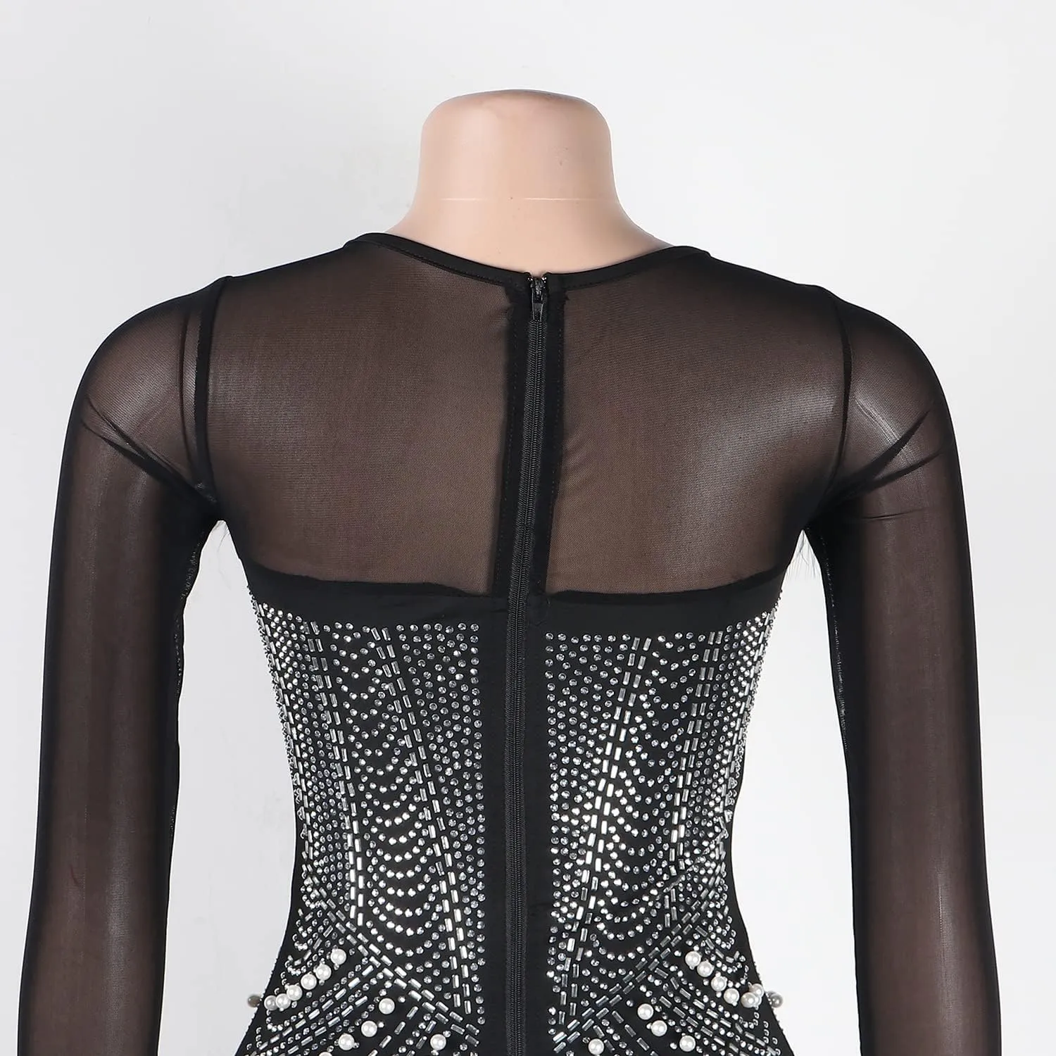 Sexy Dresses for Women Party Club Night Elegant Long Sleeve Feather Detailed Sheer Mesh Mini Vestidos