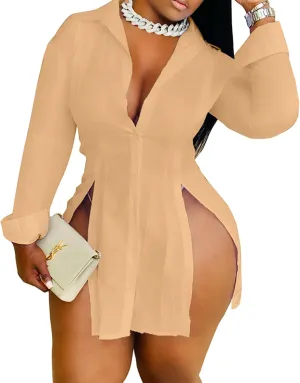 Sexy Shirts for Women Button Up Shirt Dress Outfits Party Long Sleeve Side Split Blouse Top
