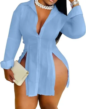 Sexy Shirts for Women Button Up Shirt Dress Outfits Party Long Sleeve Side Split Blouse Top