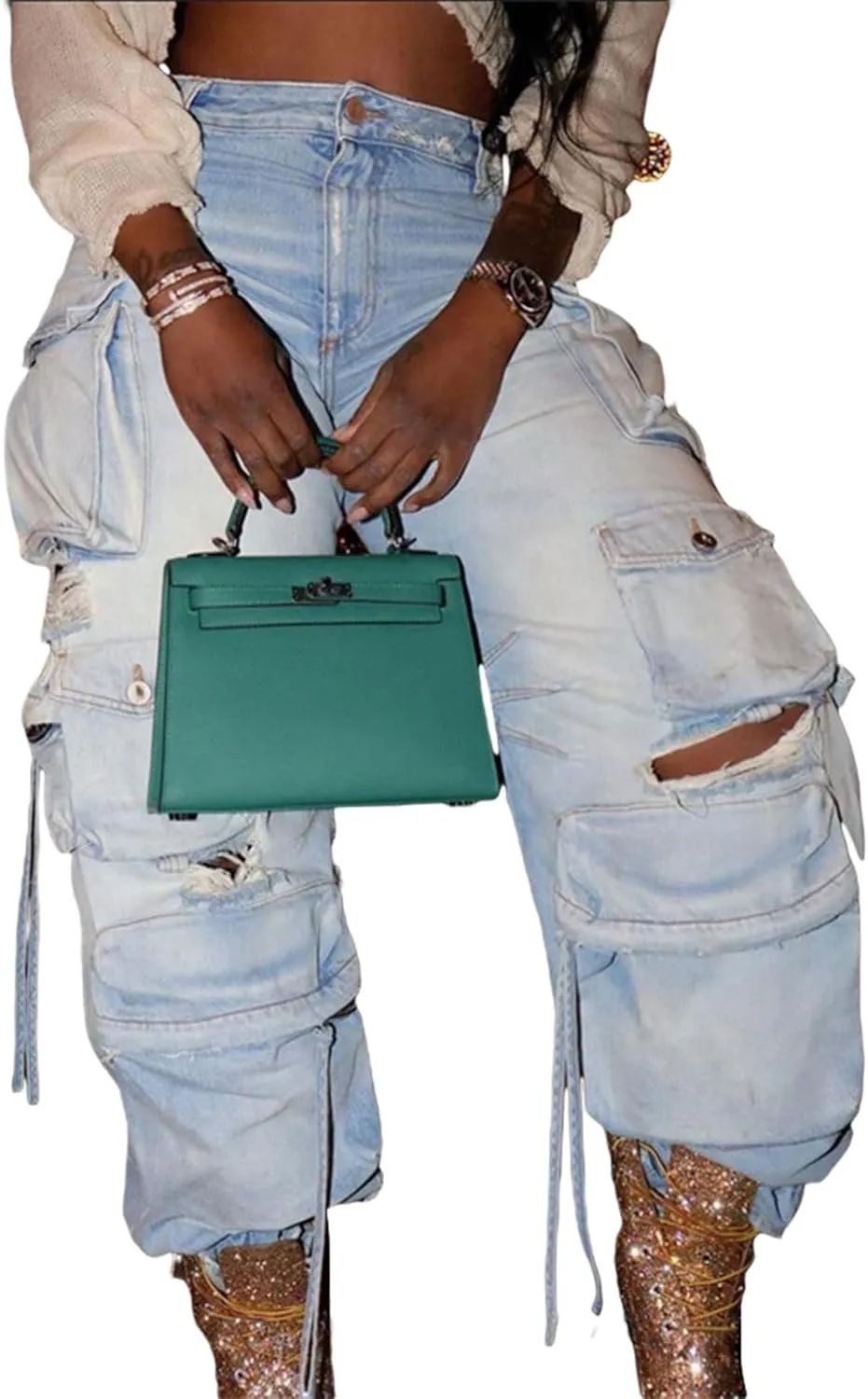 Sexyshine Women's High Waist Cargo Jeans Pants Y2K Baggy Loose Distressed Ripped Long Denim Pants with Multi Pockets