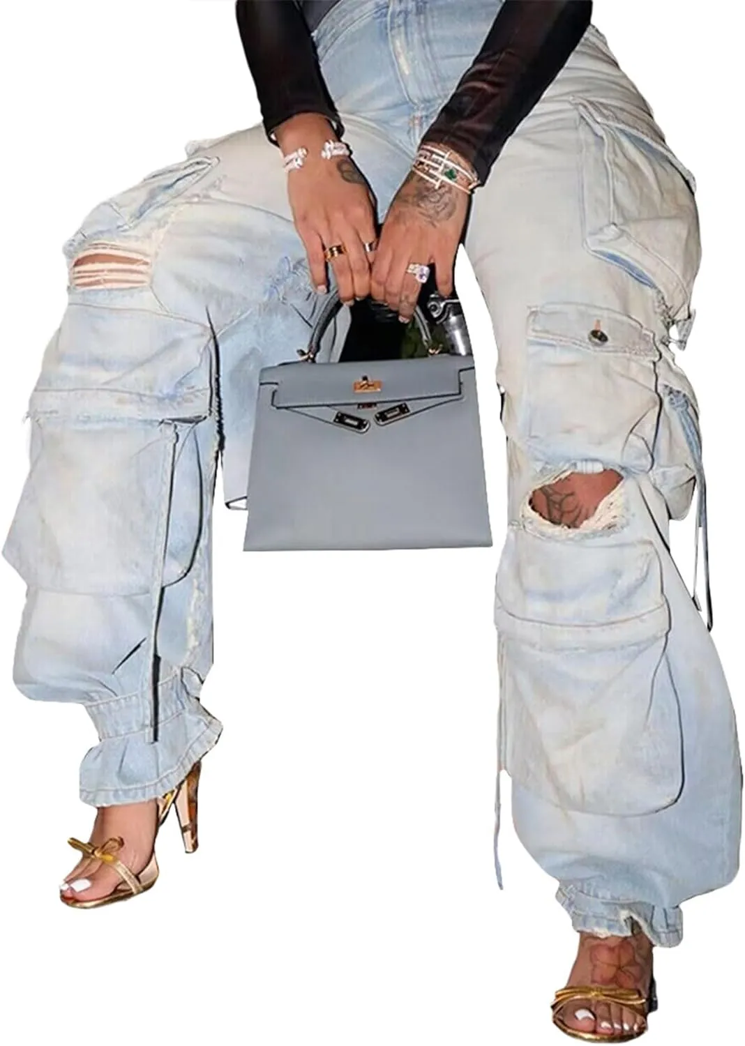 Sexyshine Women's High Waist Cargo Jeans Pants Y2K Baggy Loose Distressed Ripped Long Denim Pants with Multi Pockets