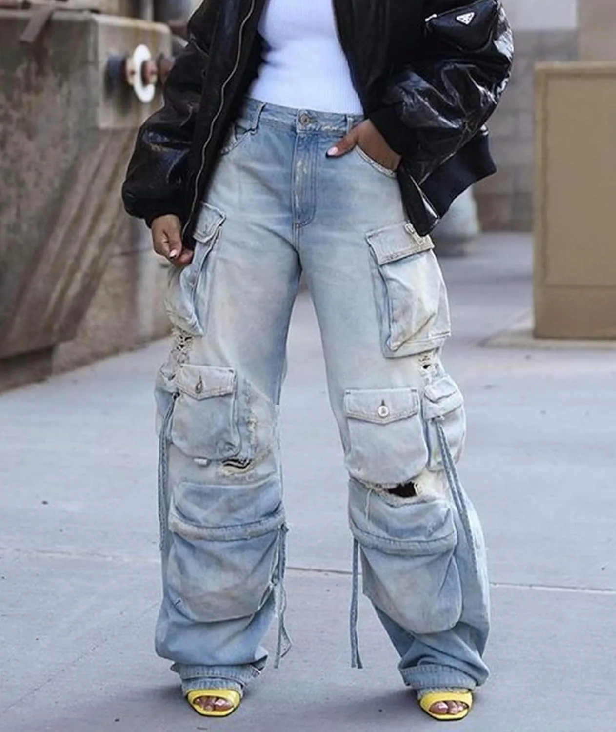 Sexyshine Women's High Waist Cargo Jeans Pants Y2K Baggy Loose Distressed Ripped Long Denim Pants with Multi Pockets