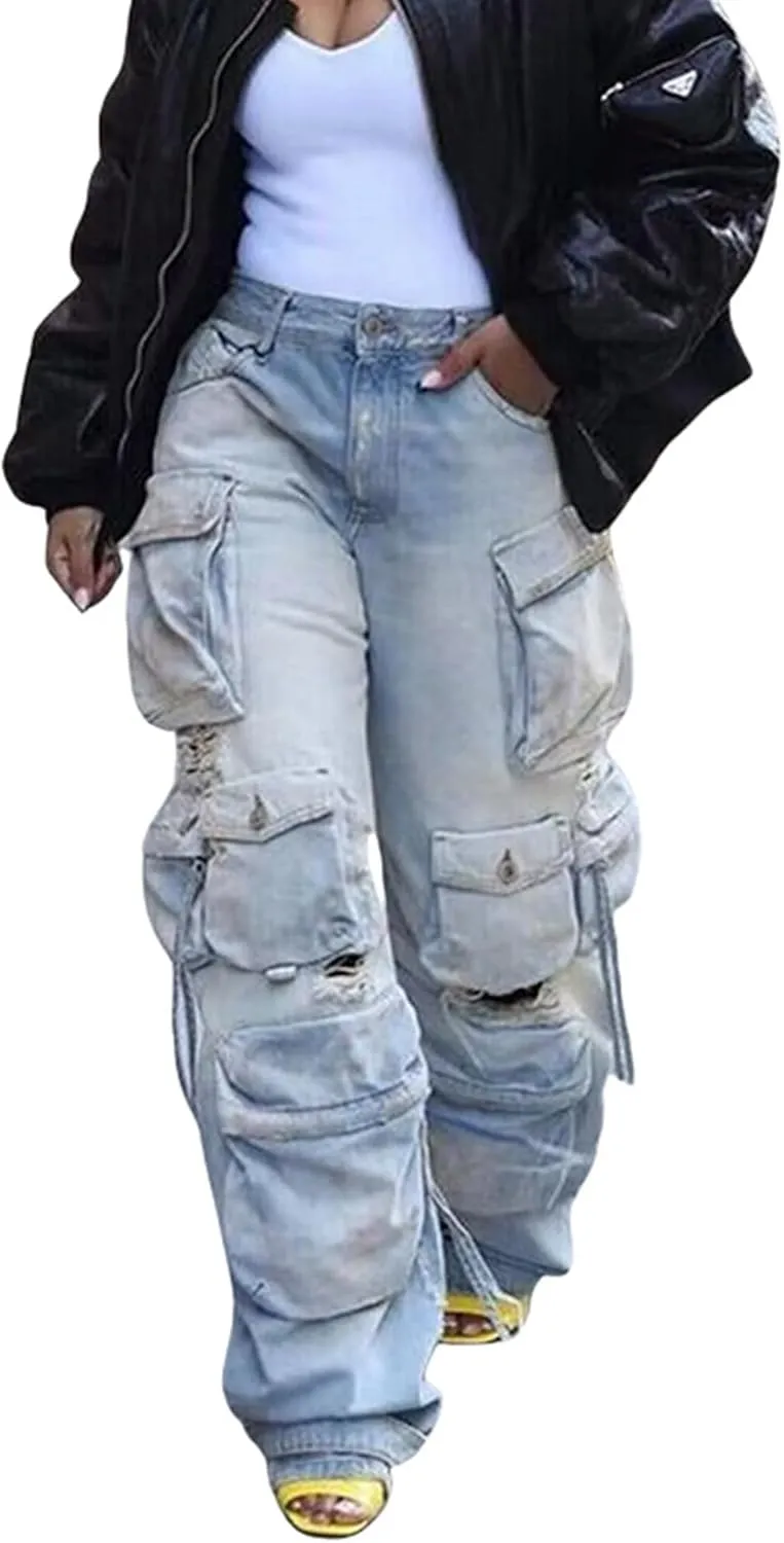 Sexyshine Women's High Waist Cargo Jeans Pants Y2K Baggy Loose Distressed Ripped Long Denim Pants with Multi Pockets